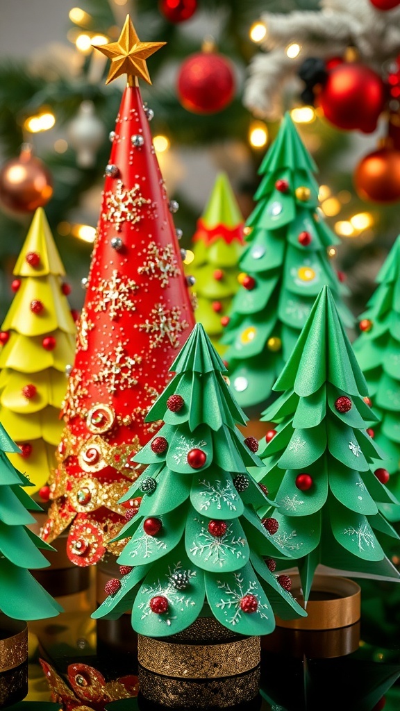 Creative Paper Christmas Tree Ideas Colorful paper Christmas trees in different designs, decorated for the holiday season.